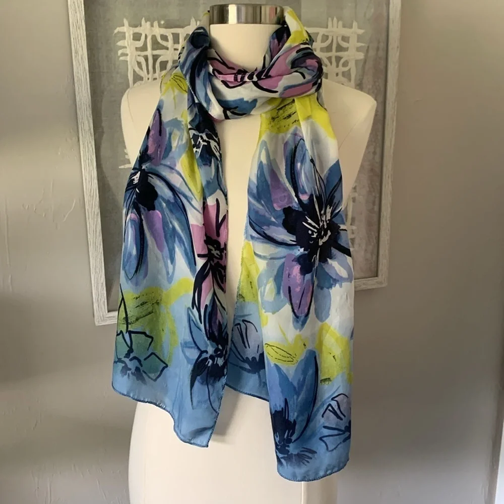 Navy pink and fluorescent yellow silk scarf